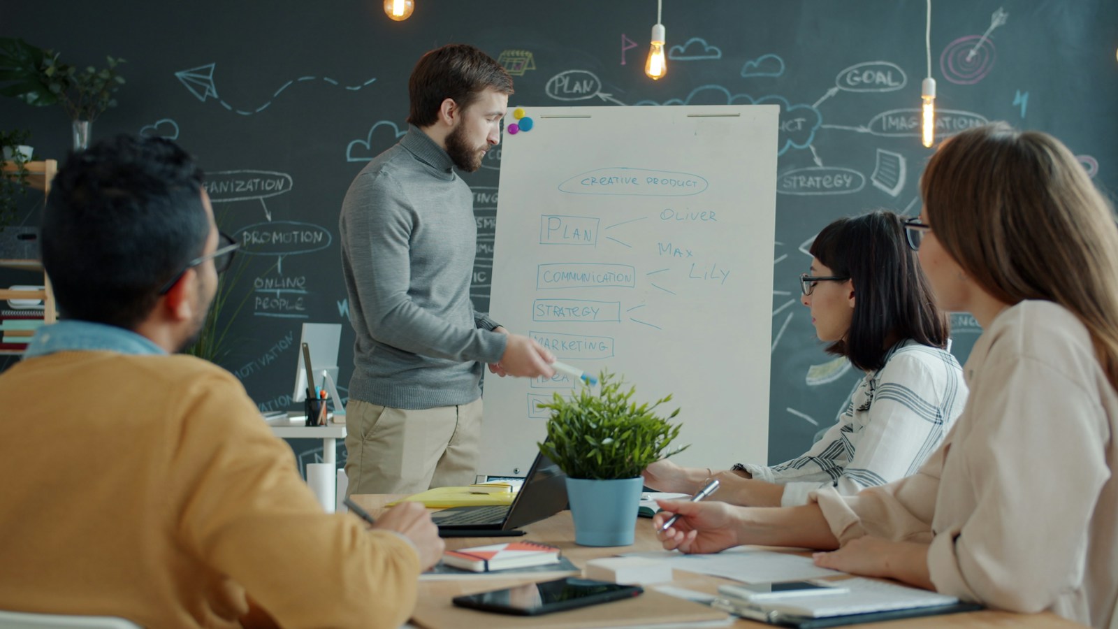 Professionals discussing a plan around a whiteboard